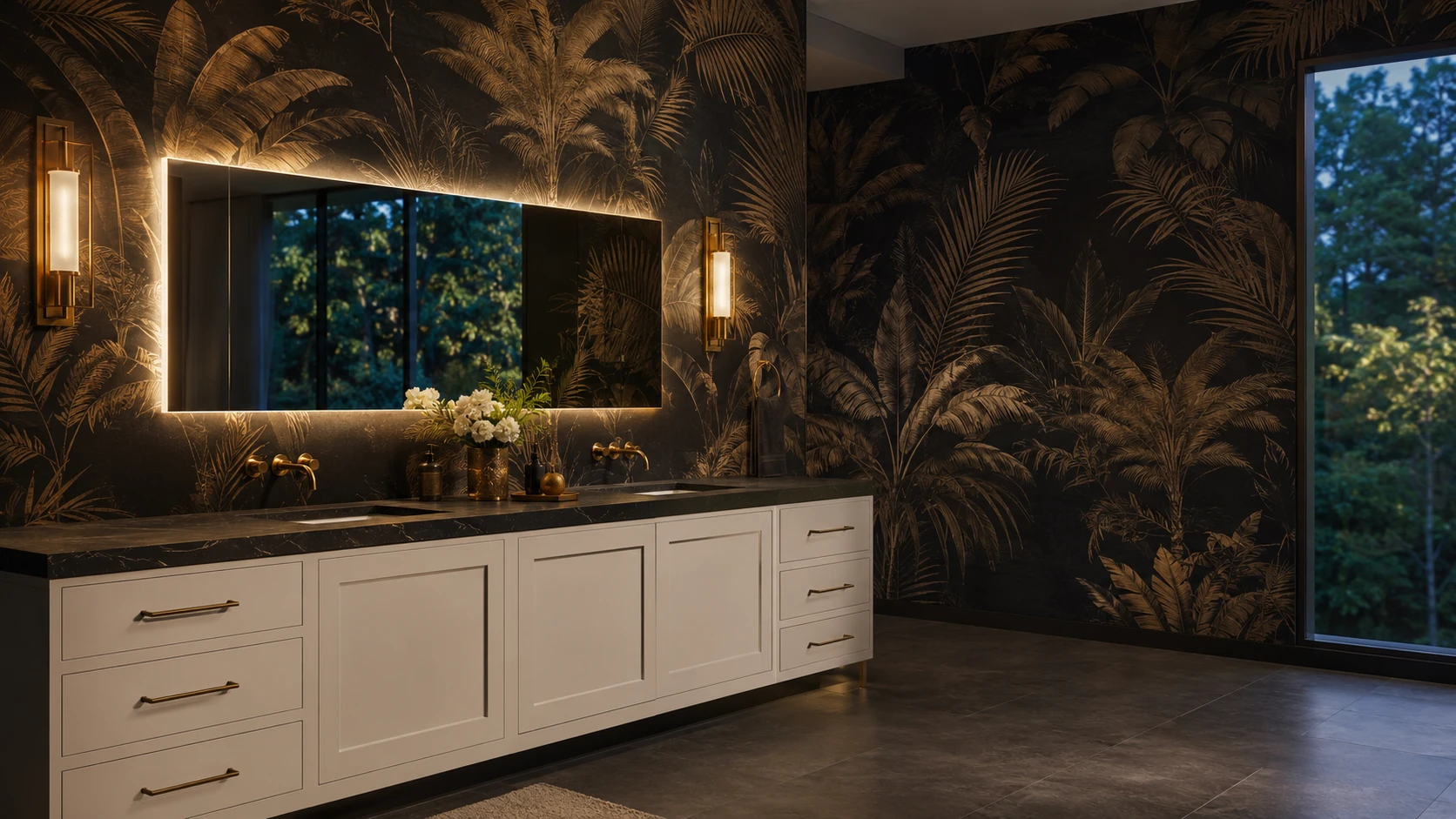 Dark tropical palm patterned wallcovering installed in a refined primary bathroom