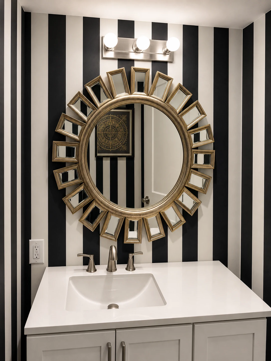 Black and white striped wallpaper installed in a powder room with a gold sunburst mirror