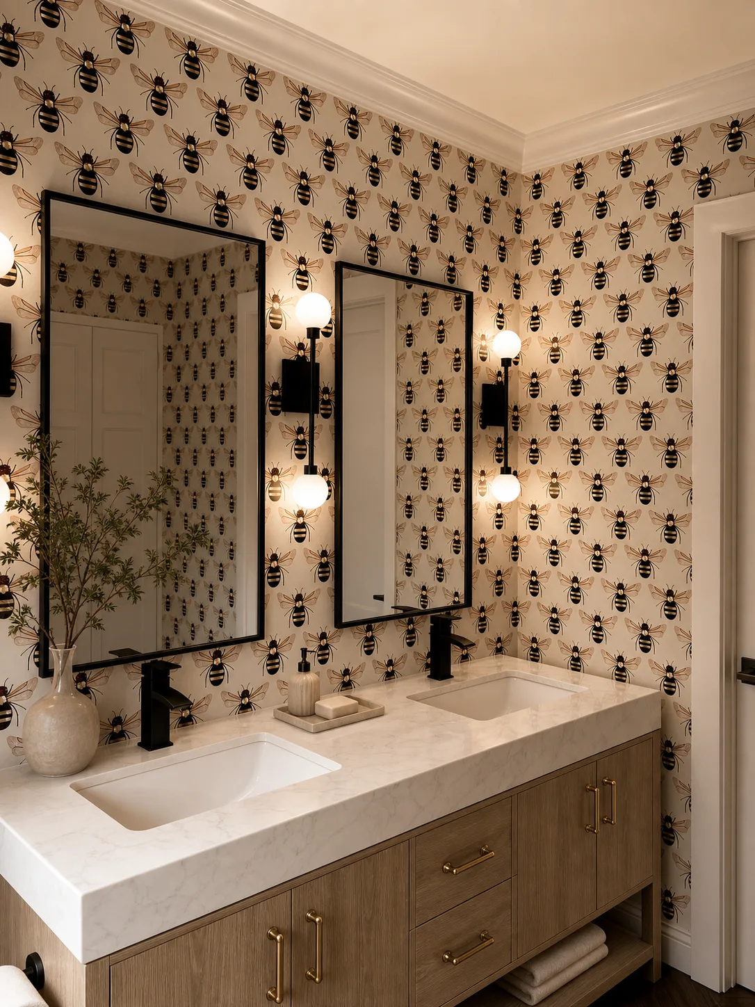Bee patterned wallpaper installed in a bathroom with a black-and-white double vanity