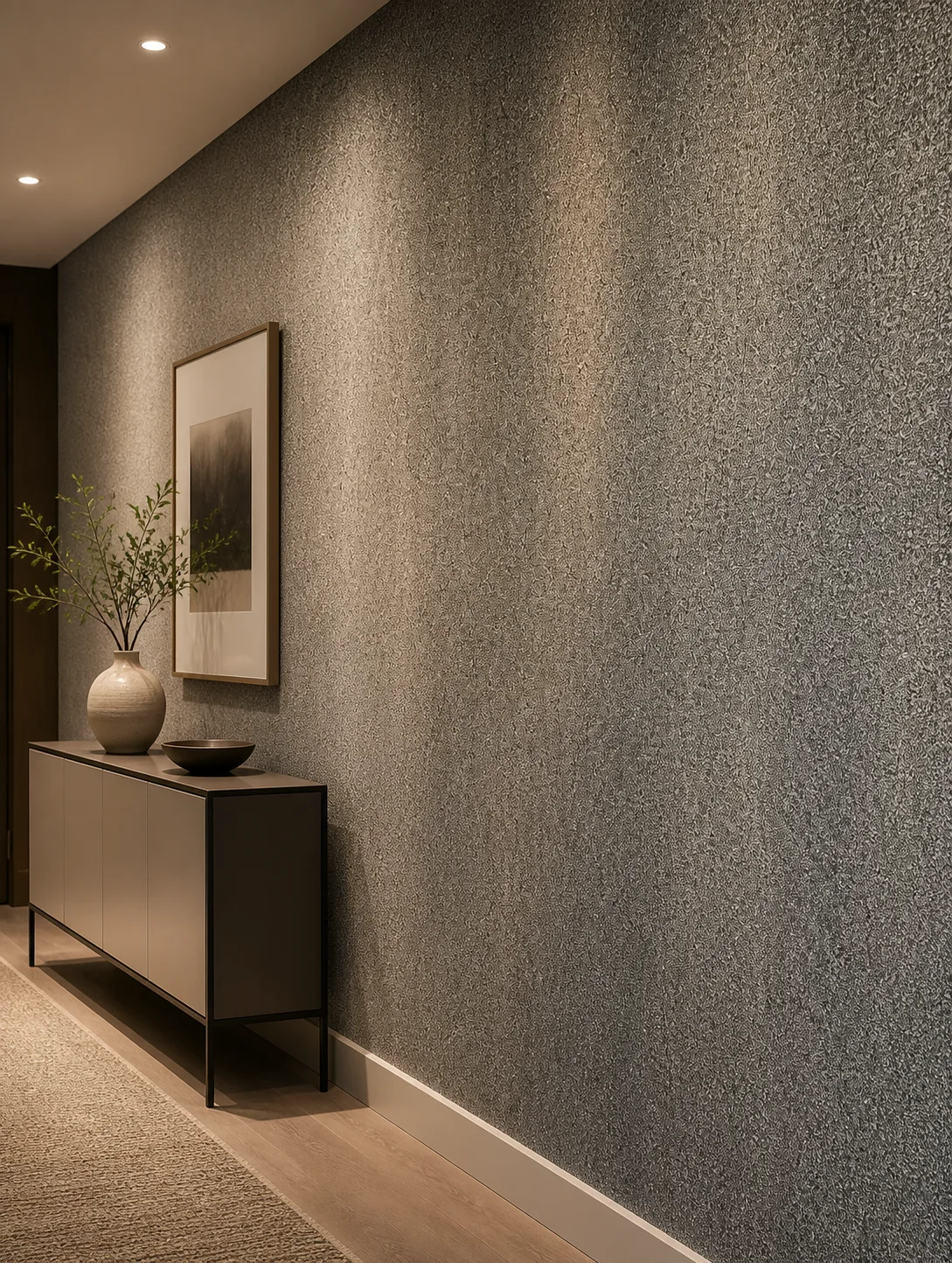 Textured wallcovering installed in a hallway with a console table and framed art