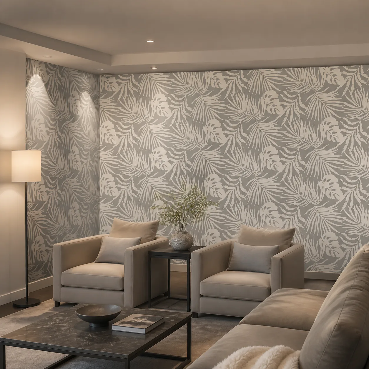 Gray palm leaf patterned wallpaper installed on a living room wall behind two armchairs