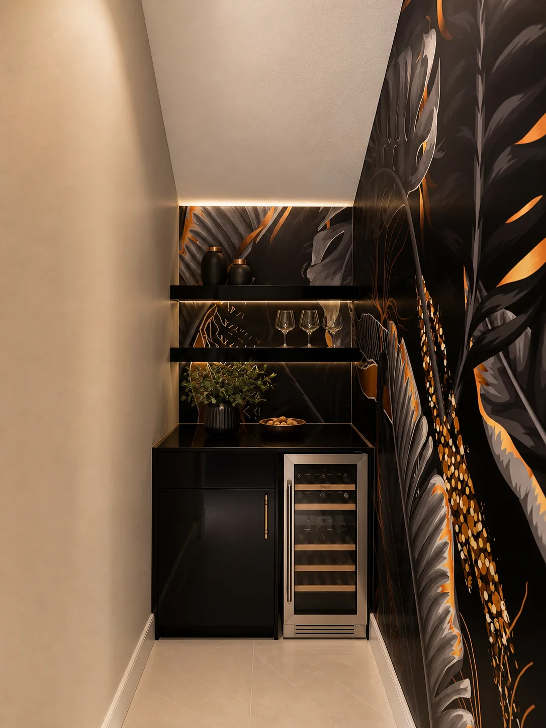Dark botanical mural with gold accents installed behind open shelving and a wine fridge in a butler's pantry