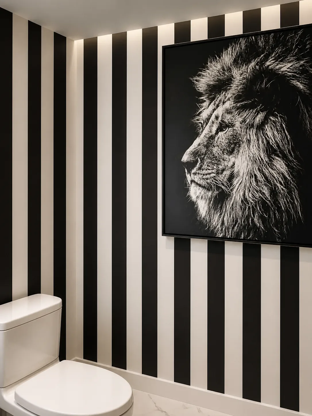 Black and white striped wallpaper installed in a powder room with framed lion art